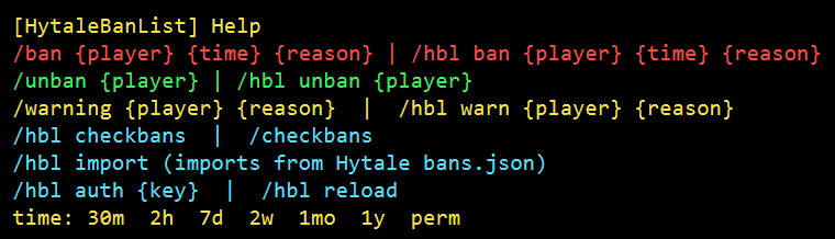 Hytale plugin help screenshot with /hbl command overview